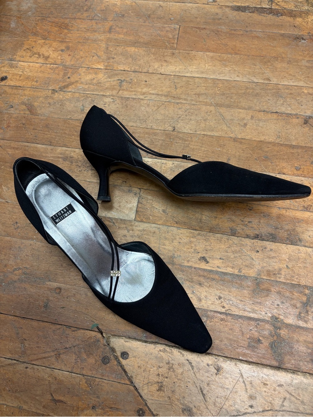 Stuart Weitzman Black Pointed Toe Slingback Kitten Heels with Rhinestone Accent